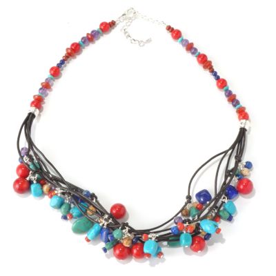 SILVER PLATED BRASS MIXED BEAD LEATHER NECK