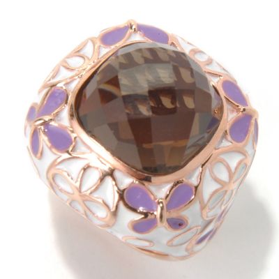 SS/RV RING WITH SMOKY QUARTZ AND PRUPLE AND CREAM ENAMEL DESIGN