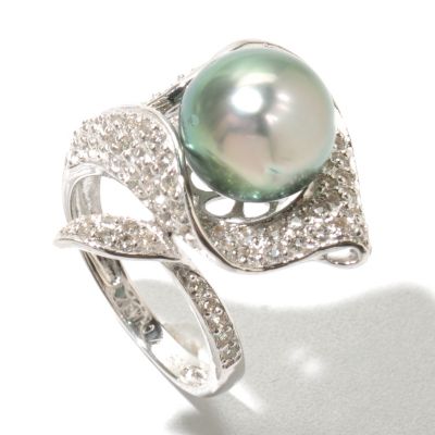 SS 10-11mm SEMI-ROUND TAHITIAN PEARL & WHITE TOPAZ CALLA LILY RING