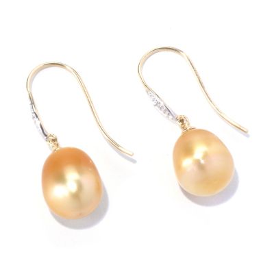 14K YG 9-10mm DROP GOLDEN SOUTH SEA PEARL & DIAMOND EARRINGS