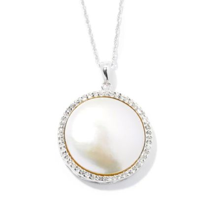 SS 20MM ROUND WHITE MABE & FACETED WHITE TOPAZ PENDANT W/CHAIN