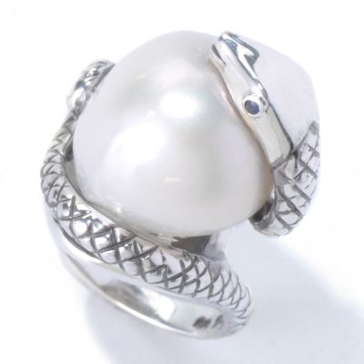 130-442 - Sterling Silver 16-18mm Freshwater Cultured Pearl & Sapphire "Year of the Snake" Ring