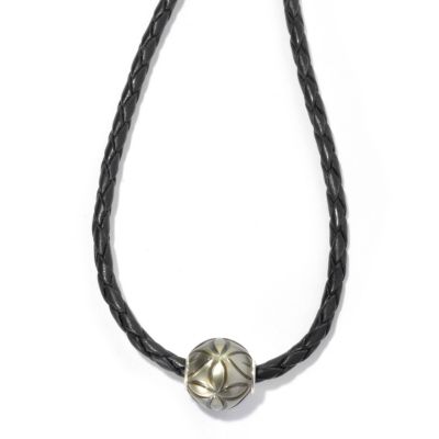 130-444 - Sterling Silver 11mm Carved Black Tahitian Cultured Pearl Pendant w/ 18" Leather Cord