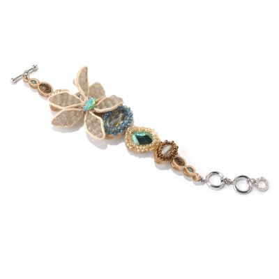 130-483 - RUSH 8" Tan, Green & Blue Beaded Flower Toggle Bracelet w/ Extender