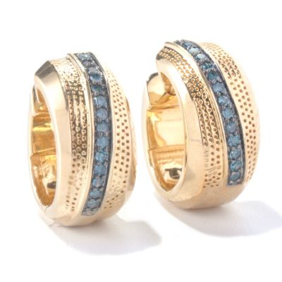 SS/YELLOW VERMEIL HUGGIE HOOP EARRINGS W/ BLUE DIAMONDS