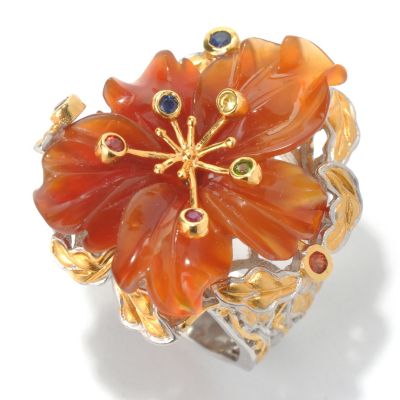 130-582 - Gems en Vogue II Hand Carved Carnelian Flower & Multi Gemstone Polished Ring 