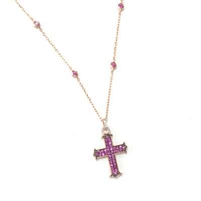 14K RG PINK SAPP CROSS PEND