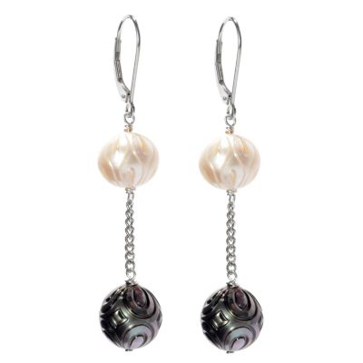 130-630 - Sterling Silver 11mm Freshwater & Tahitian Carved Cultured Pearl 2.25" Earrings