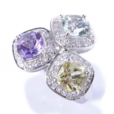 130-637 - Gem Insider Sterling Silver 3.68ctw Multi Gem Three-Stone Halo Ring 