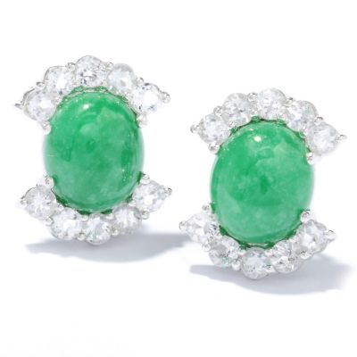 130-683 - Sterling Silver 12 x 10mm Oval Jade & White Topaz Earrings w/ Omega Backs