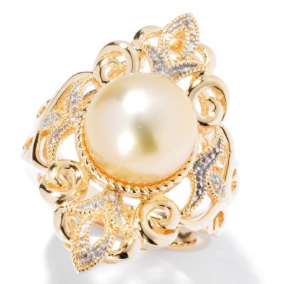 SS/YP 10-11mm GOLDEN SOUTH SEA & WHITE TOPAZ VINTAGE STYLE RING