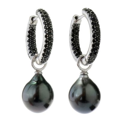 SS 11-12MM SEMI-BAROQUE TAHITIAN & BLACK SPINEL INSIDE OUT HOOP EARRINGS