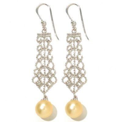130-686 - Sterling Silver 9-10mm South Sea Cultured Pearl 2.75'' Filigree Dangle Earrings