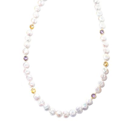 SS 30" 12-13mm ROUND WHITE COIN FWP & FACETED GEMSTONE ENDLESS NECKLACE