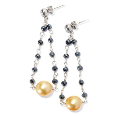 130-688 - Sterling Silver 9-10mm South Sea Cultured Pearl & Black Spinel 2.25" Dangle Earrings