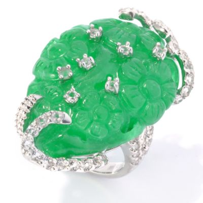 130-691 - Sterling Silver 35 x 25mm Carved Jade & White Topaz North-South Flower Garden Ring