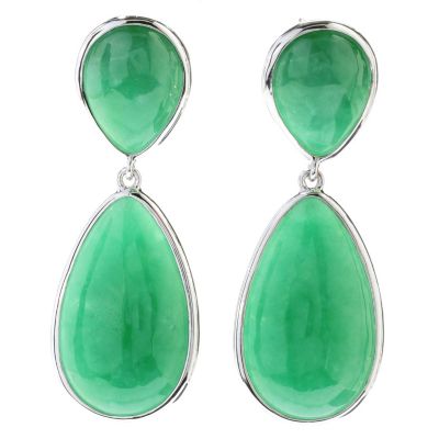 130-695 - Sterling Silver 1.75" Green Jade Double Pear Shaped Drop Earrings