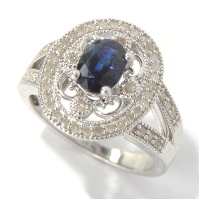 130-732 - Diamond Treasures Sterling Silver 1.26ctw Sapphire & Diamond Halo Split Shank Ring