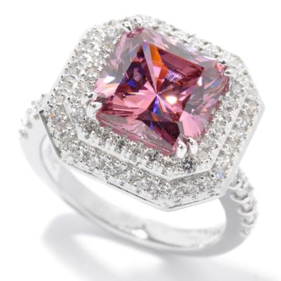 SS/PLAT CUT CORNER PRINCESS SIMU PINK SAPPHIRE DOUBLE HALO RING
