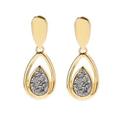 SS/18KGP EAR DRUSY PEAR DROP w/ OMEGA BACK