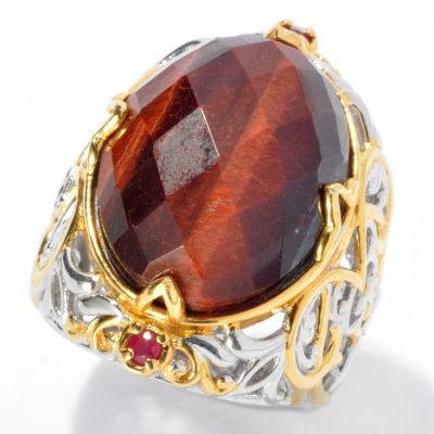 SS/PALL RING CHECKERBOARD-CUT TIGER EYE & RUBY