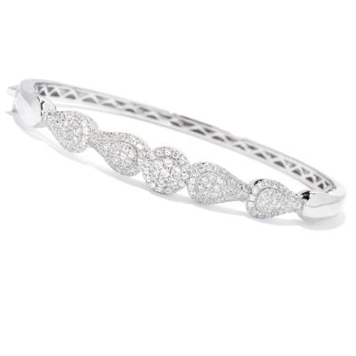 130-842 - Gem Treasures Sterling Silver 7.25'' Zircon Round & Pear Shaped Halo Bangle Bracelet 
