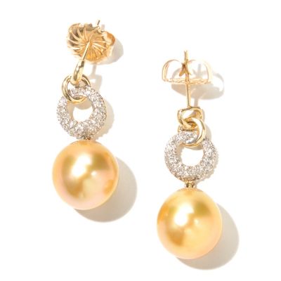 14K YG 13mm OVAL GOLDEN SOUTH SEA & DIAMOND EARRINGS