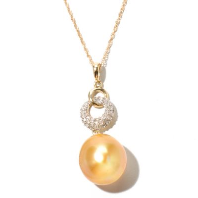 14K YG 13mm OVAL GOLDEN SOUTH SEA & DIAMOND PENDANT w/CHAIN