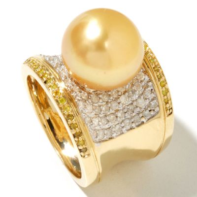 14K YG 12-13mm GOLDEN SOUTHS SEA, WHITE & YELLOW DIAMOND RING