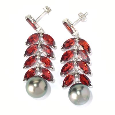 SS 12mm SEMI BAROQUE ROBERT WAN TAHITIAN & GARNET EARRINGS