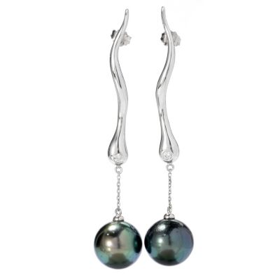 130-848 - Sterling Silver 2.5'' 12mm Black Tahitian Cultured Pearl & Diamond Drop Earrings