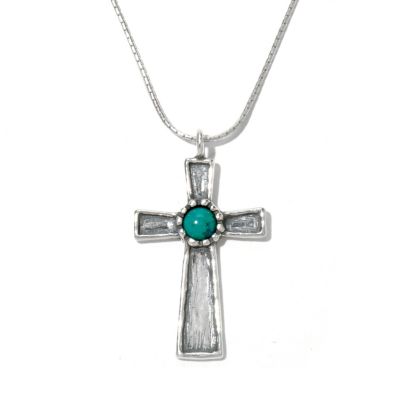 130-898 - Passage to Israel Sterling Silver 18'' Turquoise Cross Hammered Necklace 