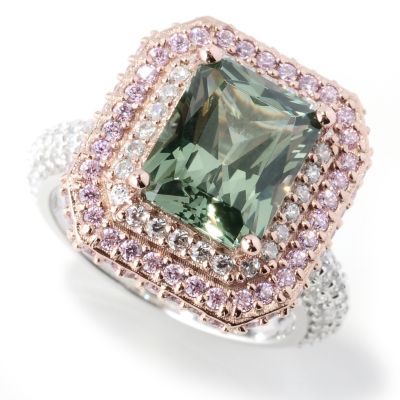 SS/TWOTONE SIM GREEN DIAM EMERALD CUT RING W/SIM PINK DIAM HALO