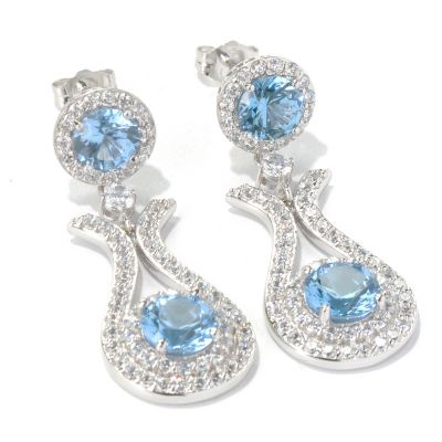 SS/PLAT ROUND CUT BLUE AND WHITE HALO DROP EARRINGS