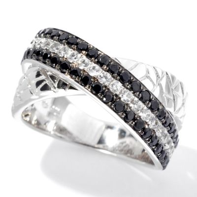 SS/P RING BLK SPINEL & WHITE ZIRCON ANIMAL PRINT TEXTURED BAND