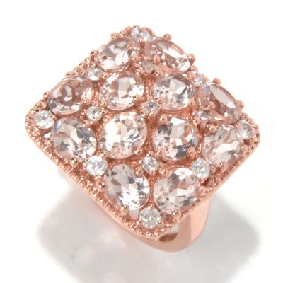 SS/18K ROSE VERMEIL RING 12-STONE MORGANITE SQUARE TOP