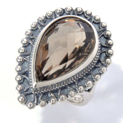 SS 19x13mm PEAR SHAPED SMOKY QUARTZ RING
