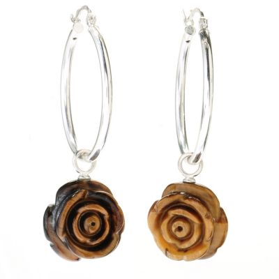 SS 16mm CARVED FLOWER GEMSTONE HOOP EARRINGS