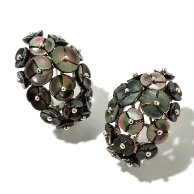 SS BLACK MOP FLOWER EARRINGS w/OMEGA BACK