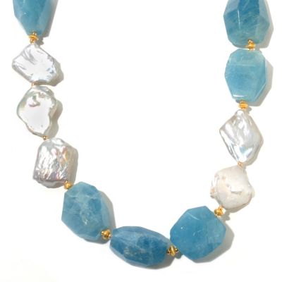 SS/18KGP NECK AQUAMARINE & CULTURED PEARL - 24"