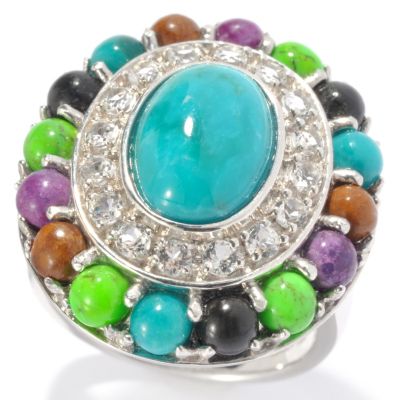 131-130 - Gem Insider Sterling Silver 11 x 8mm Turquoise & White Topaz Double Halo Ring