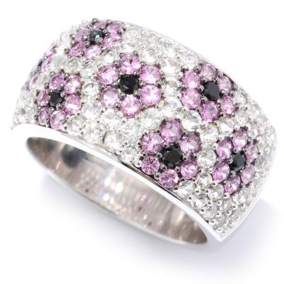 SS WHITE TOPAZ WITH PINK SAPP AND BLACK SPINEL FLOWER RING