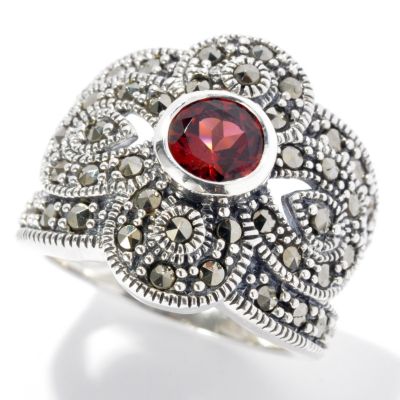 131-214 - Gem Insider Sterling Silver Round Cut Garnet & Marcasite Split Shank Ring