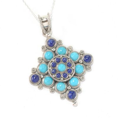 SS TURQUOISE AND LAPIS PENDANT WITH CHAIN