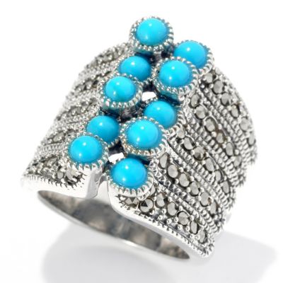 131-245 - Gem Insider Sterling Silver Round Sleeping Beauty Turquoise & Marcasite Ring