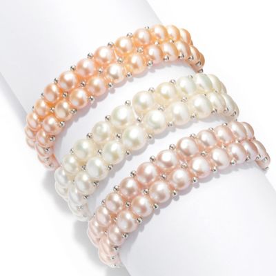 SET OF THREE PINK, PEACH & WHITE BUTTON FWP DOUBLE ROW STRETCH BRACELETS