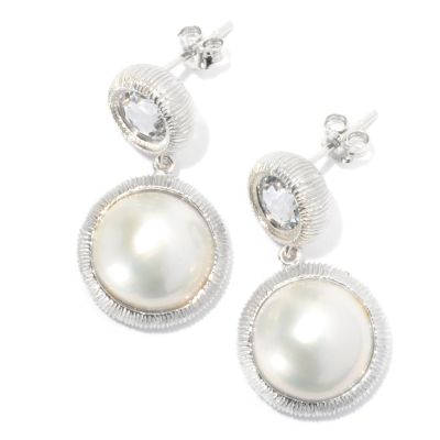 131-252 - Sterling Silver 12-12.5mm White Mabe Cultured Pearl & White Topaz Earrings