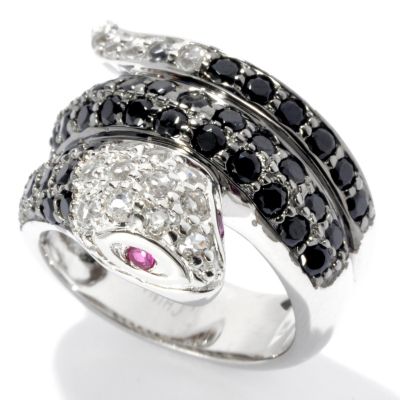 131-253 - Sterling Silver 2.49ctw Black Spinel, White Topaz & Ruby Wide Snake Ring