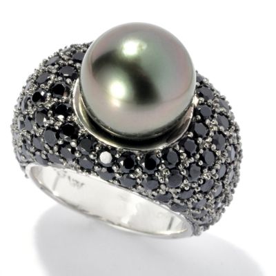 131-255 - Sterling Silver 11-12mm Black Tahitian Cultured Pearl & Spinel East-West Ring