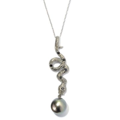 131-260 - Sterling Silver 11-12mm Tahitian Cultured Pearl & Spinel Snake Pendant w/ 18” Chain